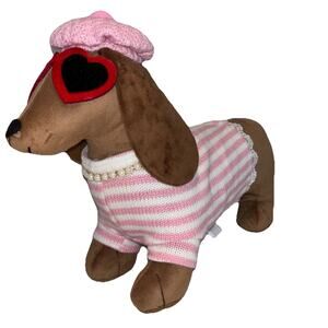 Valentine’s Dachshund Plush Pink White Striped Sweater Beret Pearls Glasses NEW